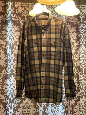 L.L. Bean Olive, Black and Tan Plaid Cotton Button-Down Shirt